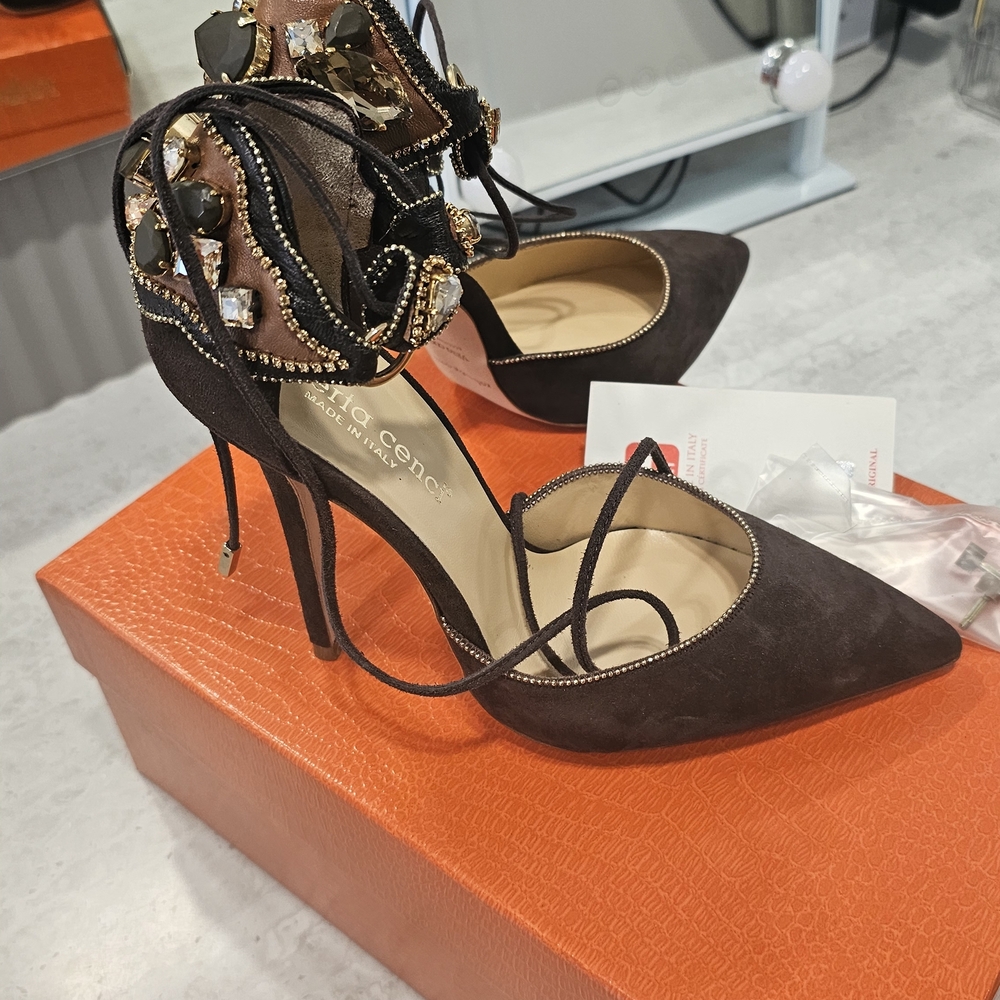 Roberto Cavalli Women’s Brown and Cream Embellished Suede Heels - Picture 16 of 16